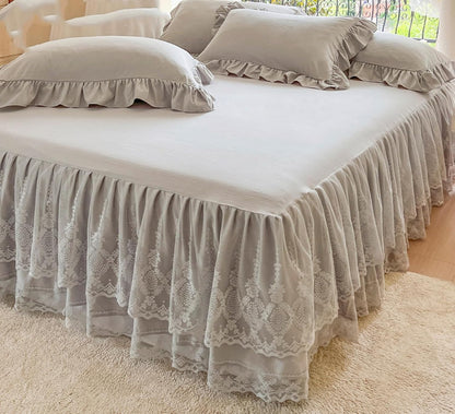 Romantic Summer Ruffled Bed Skirt with Sheet,Dust Ruffle Bedskirt with Two Lace Layers,17.7" Drop