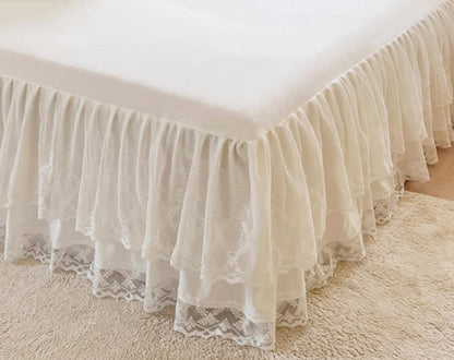 Romantic Summer Ruffled Bed Skirt with Sheet,Dust Ruffle Bedskirt with Two Lace Layers,17.7" Drop