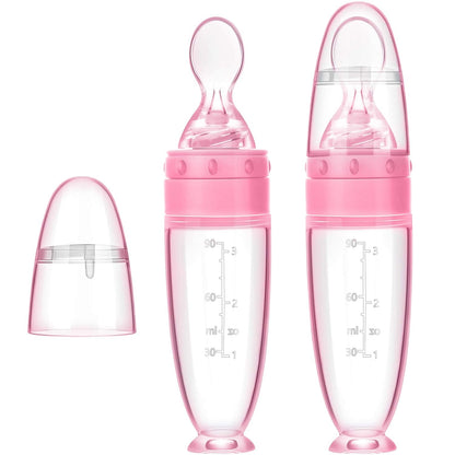 2 Pcs Baby Spoon with Bottle Squeeze Feeder Silicone Infant,Pink