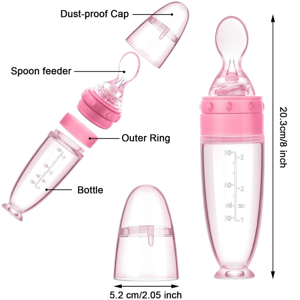 2 Pcs Baby Spoon with Bottle Squeeze Feeder Silicone Infant,Pink