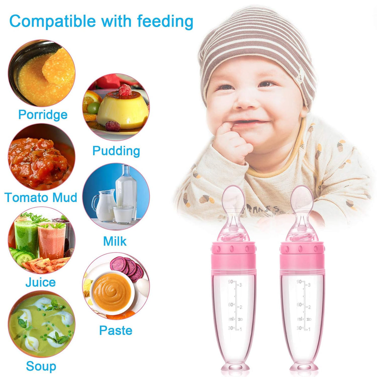 2 Pcs Baby Spoon with Bottle Squeeze Feeder Silicone Infant,Pink