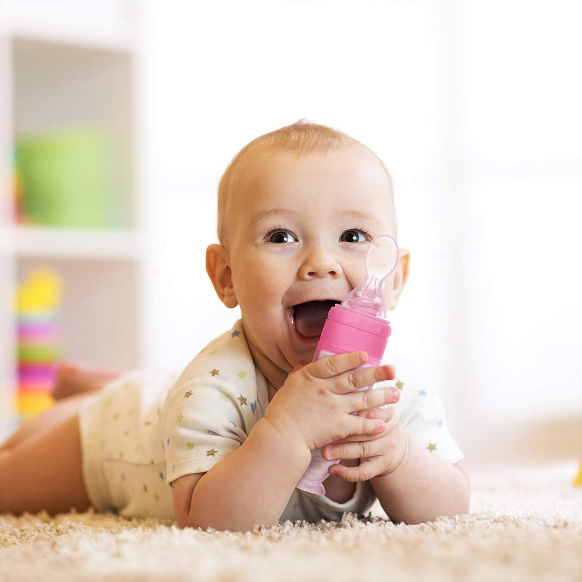 2 Pcs Baby Spoon with Bottle Squeeze Feeder Silicone Infant,Pink