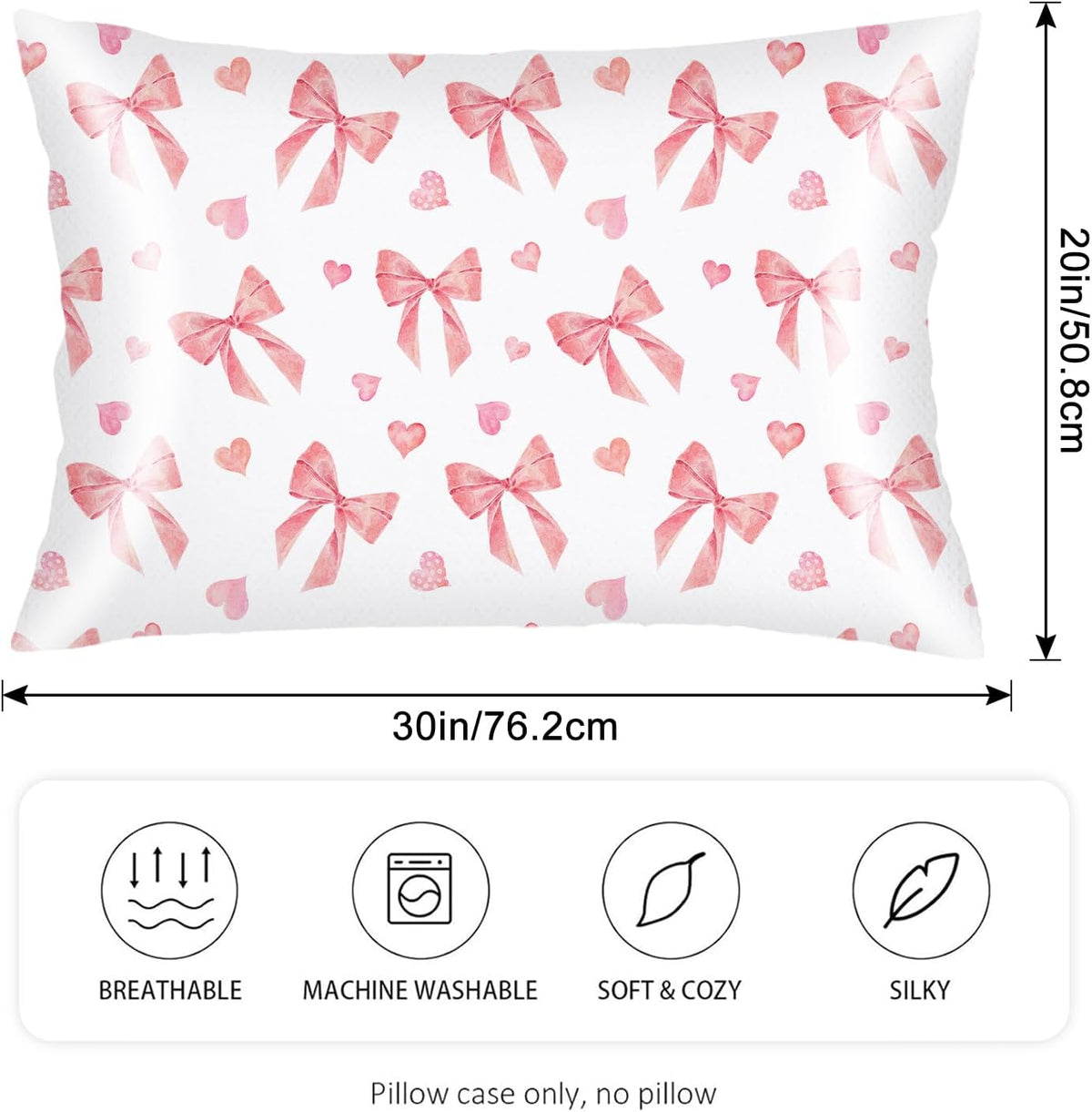 Pink Ribbon Bow Silk Satin Pillowcase for Hair and Skin,Throw Pillow Cover Queen Size Pillowcases Envelope Closure,Rectangle Pillow Covers Decorative Cushion Cases for Bed,Sofa,20"x30",Peach