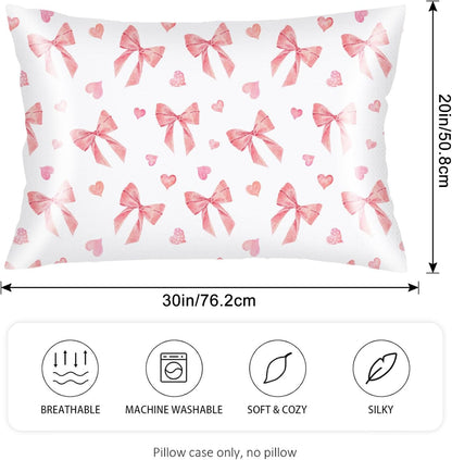 Pink Ribbon Bow Silk Satin Pillowcase for Hair and Skin,Throw Pillow Cover Queen Size Pillowcases Envelope Closure,Rectangle Pillow Covers Decorative Cushion Cases for Bed,Sofa,20"x30",Peach