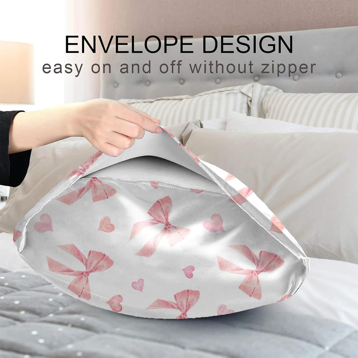 Pink Ribbon Bow Silk Satin Pillowcase for Hair and Skin,Throw Pillow Cover Queen Size Pillowcases Envelope Closure,Rectangle Pillow Covers Decorative Cushion Cases for Bed,Sofa,20"x30",Peach