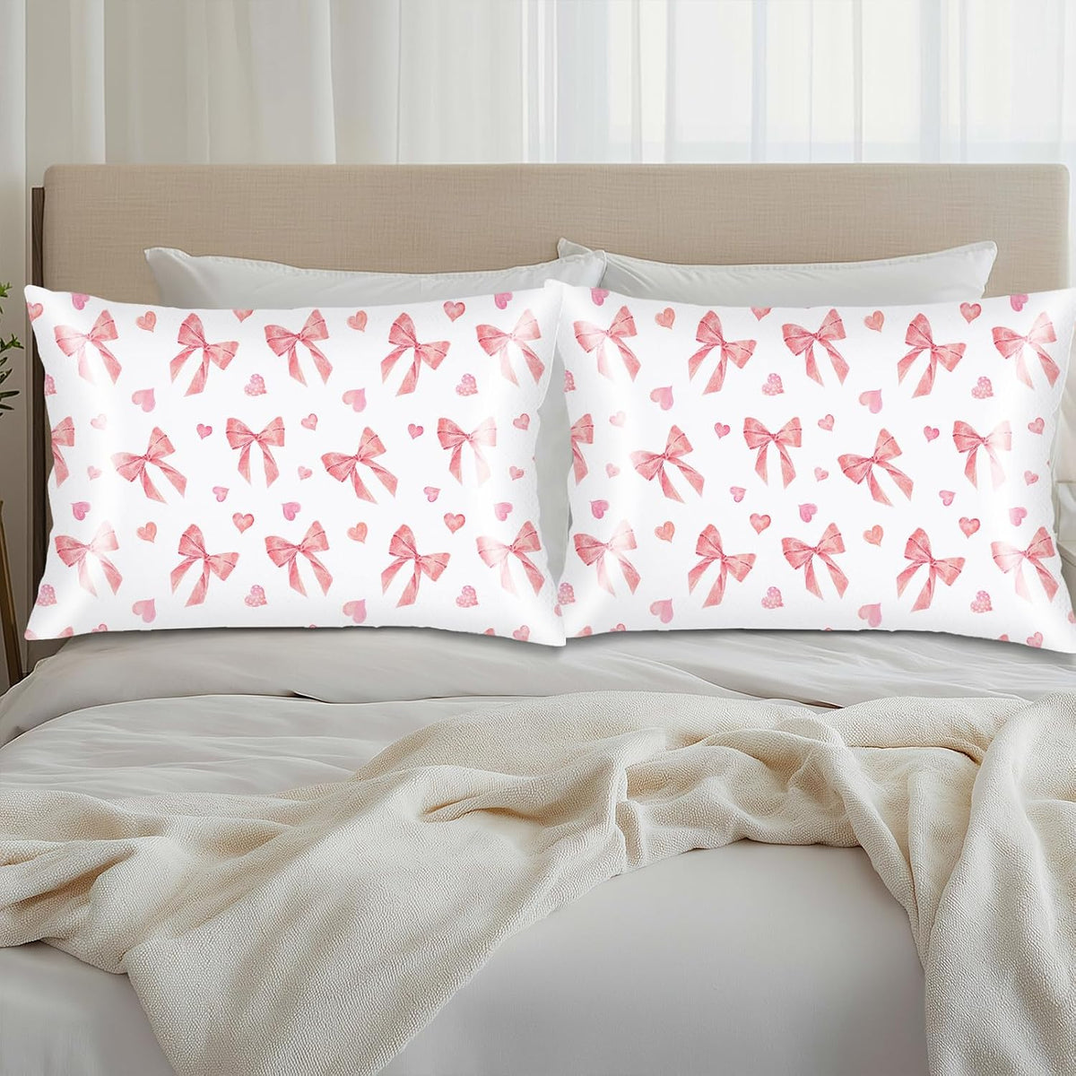 Pink Ribbon Bow Silk Satin Pillowcase for Hair and Skin,Throw Pillow Cover Queen Size Pillowcases Envelope Closure,Rectangle Pillow Covers Decorative Cushion Cases for Bed,Sofa,20"x30",Peach