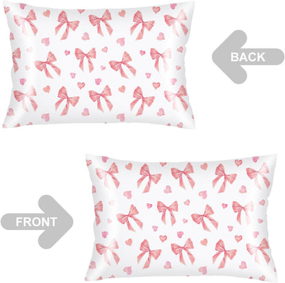 Pink Ribbon Bow Silk Satin Pillowcase for Hair and Skin,Throw Pillow Cover Queen Size Pillowcases Envelope Closure,Rectangle Pillow Covers Decorative Cushion Cases for Bed,Sofa,20"x30",Peach