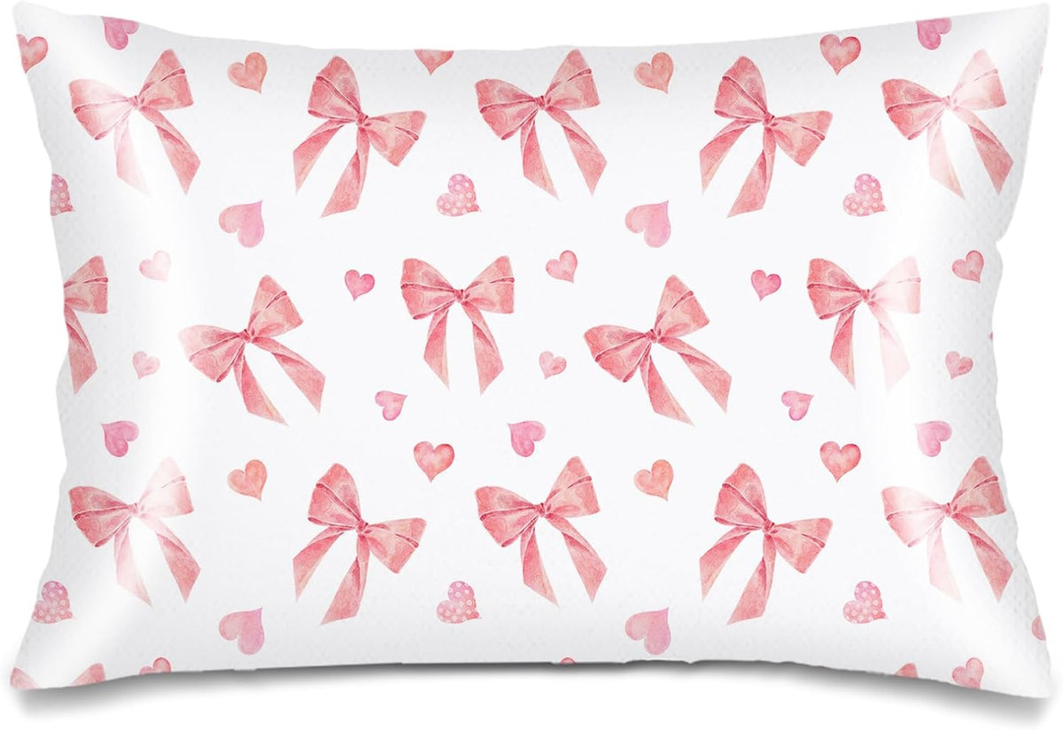 Pink Ribbon Bow Silk Satin Pillowcase for Hair and Skin,Throw Pillow Cover Queen Size Pillowcases Envelope Closure,Rectangle Pillow Covers Decorative Cushion Cases for Bed,Sofa,20"x30",Peach