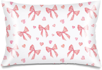 Pink Ribbon Bow Silk Satin Pillowcase for Hair and Skin,Throw Pillow Cover Queen Size Pillowcases Envelope Closure,Rectangle Pillow Covers Decorative Cushion Cases for Bed,Sofa,20"x30",Peach