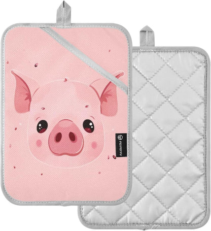Pink Pig 2 Pack Cotton Potholder with Pocket & Hanging Loop, Non-Slip Washable Reversible Hot Pads Heat Resistant Oven Mitts for Baking Cooking Kitchen Home Decor