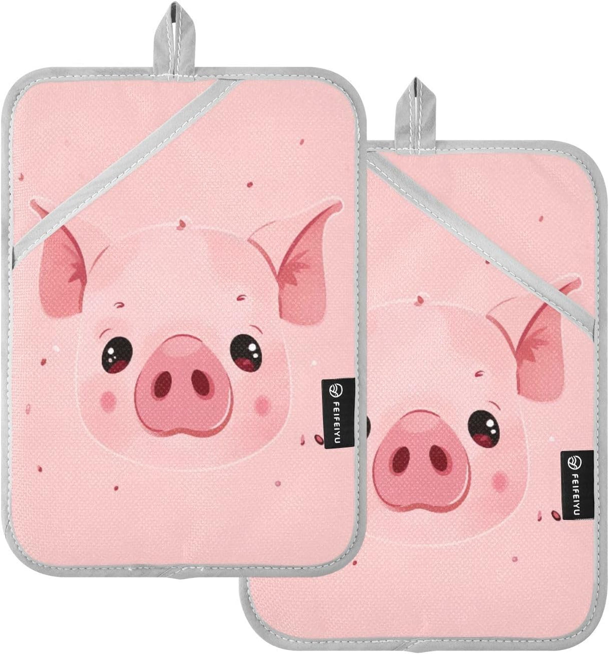 Pink Pig 2 Pack Cotton Potholder with Pocket & Hanging Loop, Non-Slip Washable Reversible Hot Pads Heat Resistant Oven Mitts for Baking Cooking Kitchen Home Decor