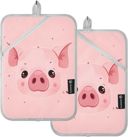 Pink Pig 2 Pack Cotton Potholder with Pocket & Hanging Loop, Non-Slip Washable Reversible Hot Pads Heat Resistant Oven Mitts for Baking Cooking Kitchen Home Decor