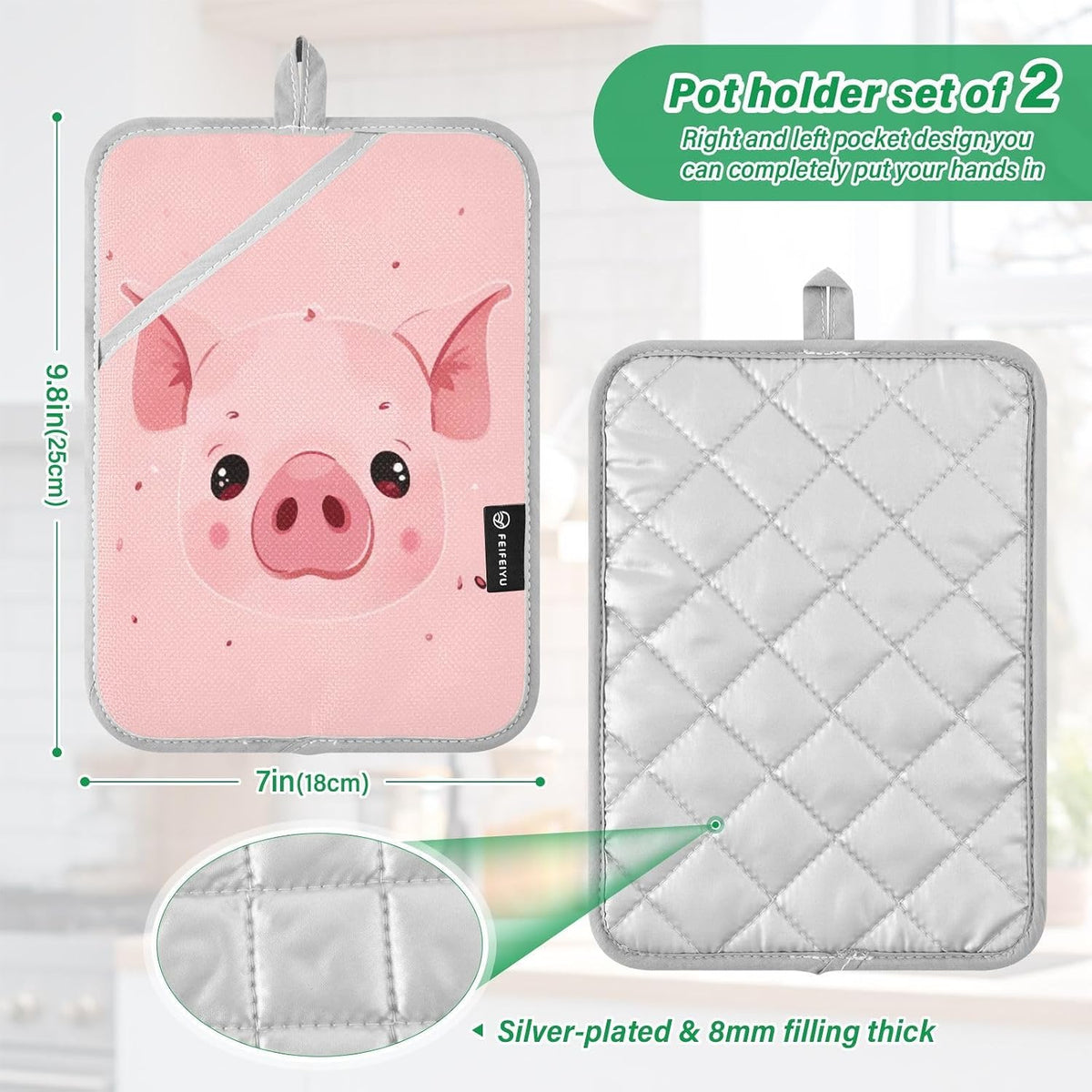 Pink Pig 2 Pack Cotton Potholder with Pocket & Hanging Loop, Non-Slip Washable Reversible Hot Pads Heat Resistant Oven Mitts for Baking Cooking Kitchen Home Decor