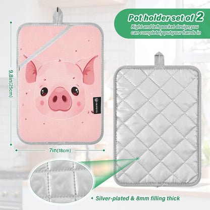 Pink Pig 2 Pack Cotton Potholder with Pocket & Hanging Loop, Non-Slip Washable Reversible Hot Pads Heat Resistant Oven Mitts for Baking Cooking Kitchen Home Decor