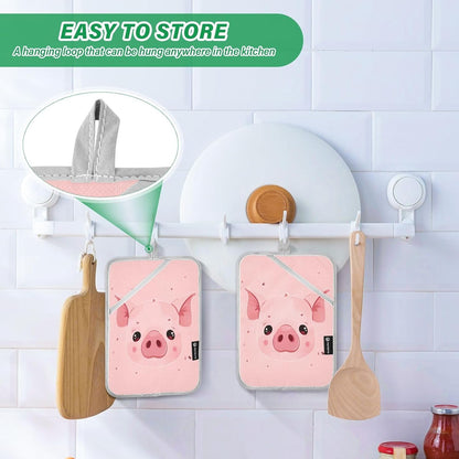 Pink Pig 2 Pack Cotton Potholder with Pocket & Hanging Loop, Non-Slip Washable Reversible Hot Pads Heat Resistant Oven Mitts for Baking Cooking Kitchen Home Decor
