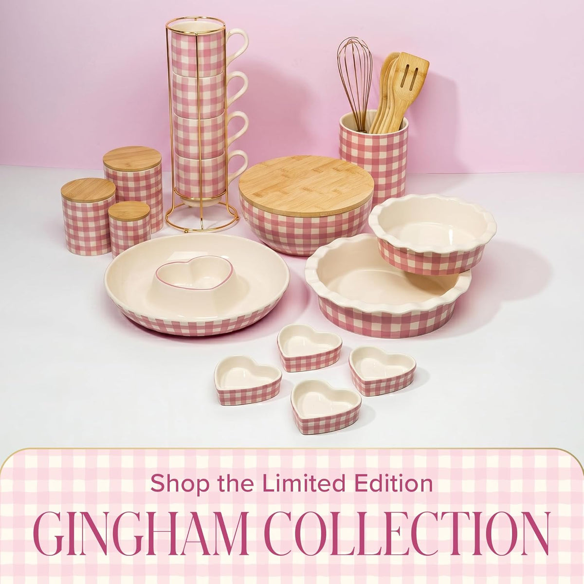 Paris Hilton Serving Bowl with Bamboo Lid, Stoneware Salad Bowl with Pink Gingham Print Exterior, Lid Doubles as Cutting Board, 10-Cup, Pink