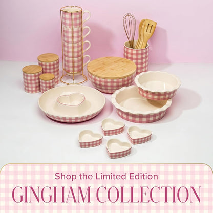Paris Hilton Serving Bowl with Bamboo Lid, Stoneware Salad Bowl with Pink Gingham Print Exterior, Lid Doubles as Cutting Board, 10-Cup, Pink