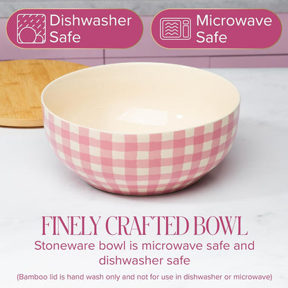 Paris Hilton Serving Bowl with Bamboo Lid, Stoneware Salad Bowl with Pink Gingham Print Exterior, Lid Doubles as Cutting Board, 10-Cup, Pink