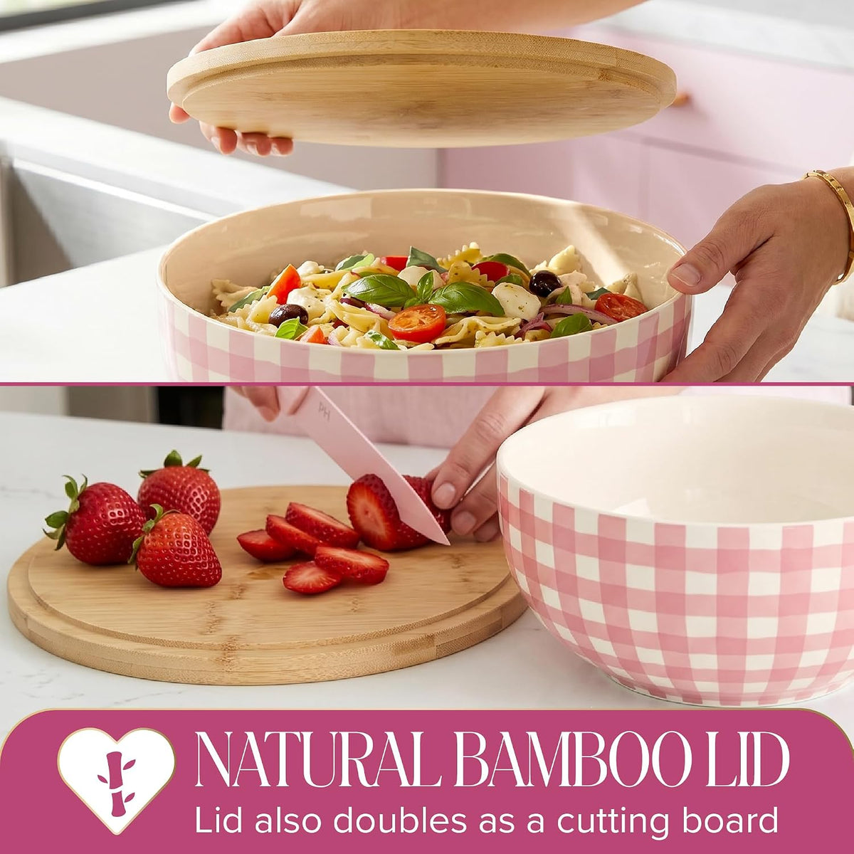 Paris Hilton Serving Bowl with Bamboo Lid, Stoneware Salad Bowl with Pink Gingham Print Exterior, Lid Doubles as Cutting Board, 10-Cup, Pink