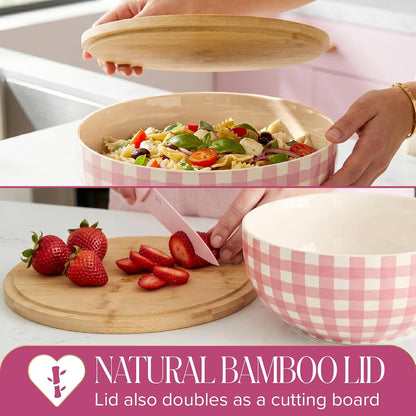 Paris Hilton Serving Bowl with Bamboo Lid, Stoneware Salad Bowl with Pink Gingham Print Exterior, Lid Doubles as Cutting Board, 10-Cup, Pink
