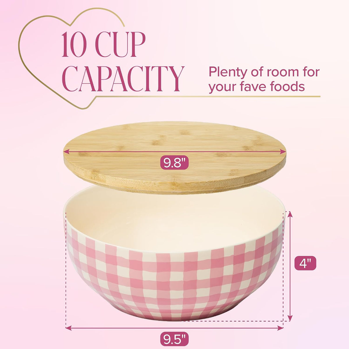 Paris Hilton Serving Bowl with Bamboo Lid, Stoneware Salad Bowl with Pink Gingham Print Exterior, Lid Doubles as Cutting Board, 10-Cup, Pink