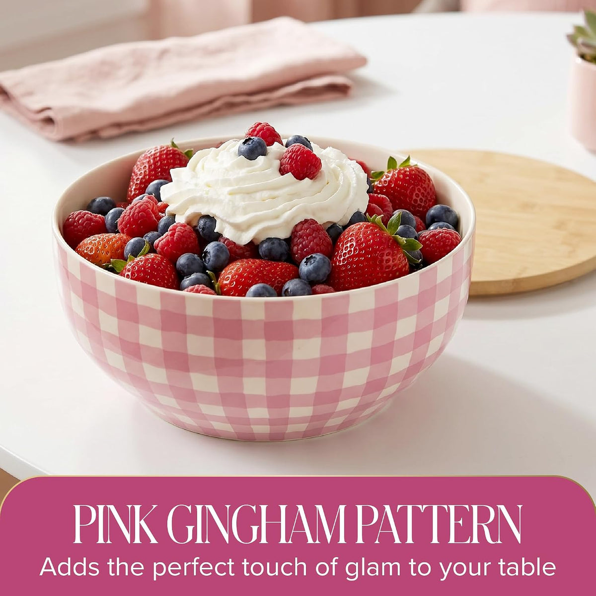 Paris Hilton Serving Bowl with Bamboo Lid, Stoneware Salad Bowl with Pink Gingham Print Exterior, Lid Doubles as Cutting Board, 10-Cup, Pink