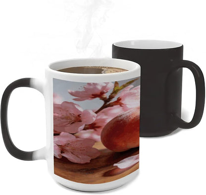 Peach And Flower Color Changing Mugs Heat Sensitive Coffee Mug 11 Oz Novelty Ceramic Cup with Handle Magic Cups Temperature Changing Coffee Tumblers for Women Men Funny Gifts