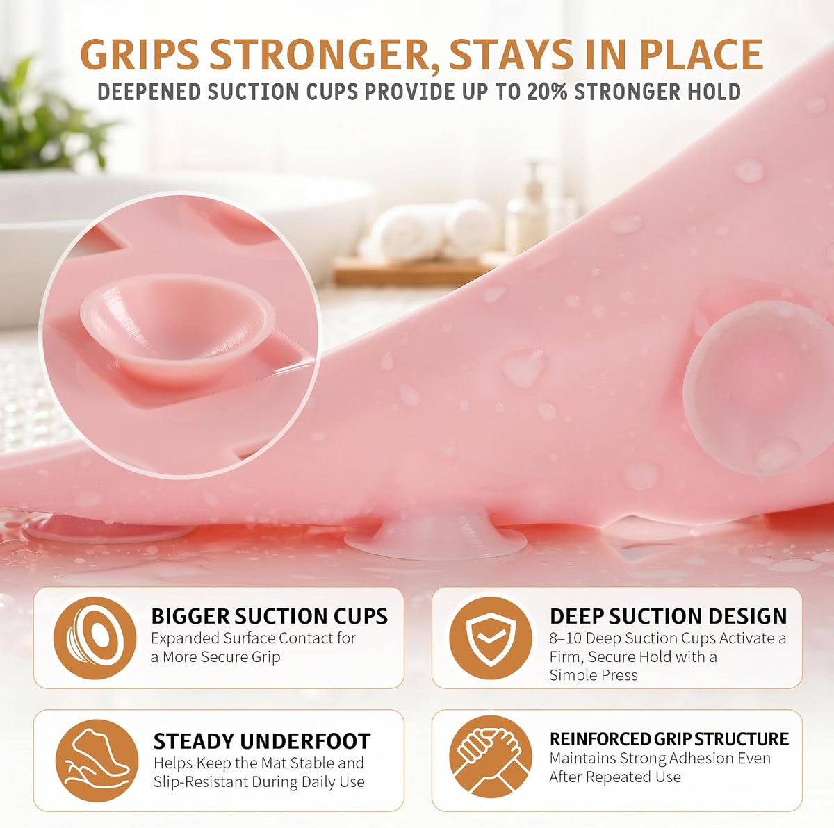 Bathtub Mat Non Slip, Super Strong Suction Cups, 28"X16" Long Shower Mat with Drain Holes, Machine Washable Fast Draining Bath Mats, Bathroom Essentials,Pink