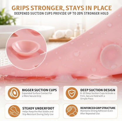 Bathtub Mat Non Slip, Super Strong Suction Cups, 28"X16" Long Shower Mat with Drain Holes, Machine Washable Fast Draining Bath Mats, Bathroom Essentials,Pink