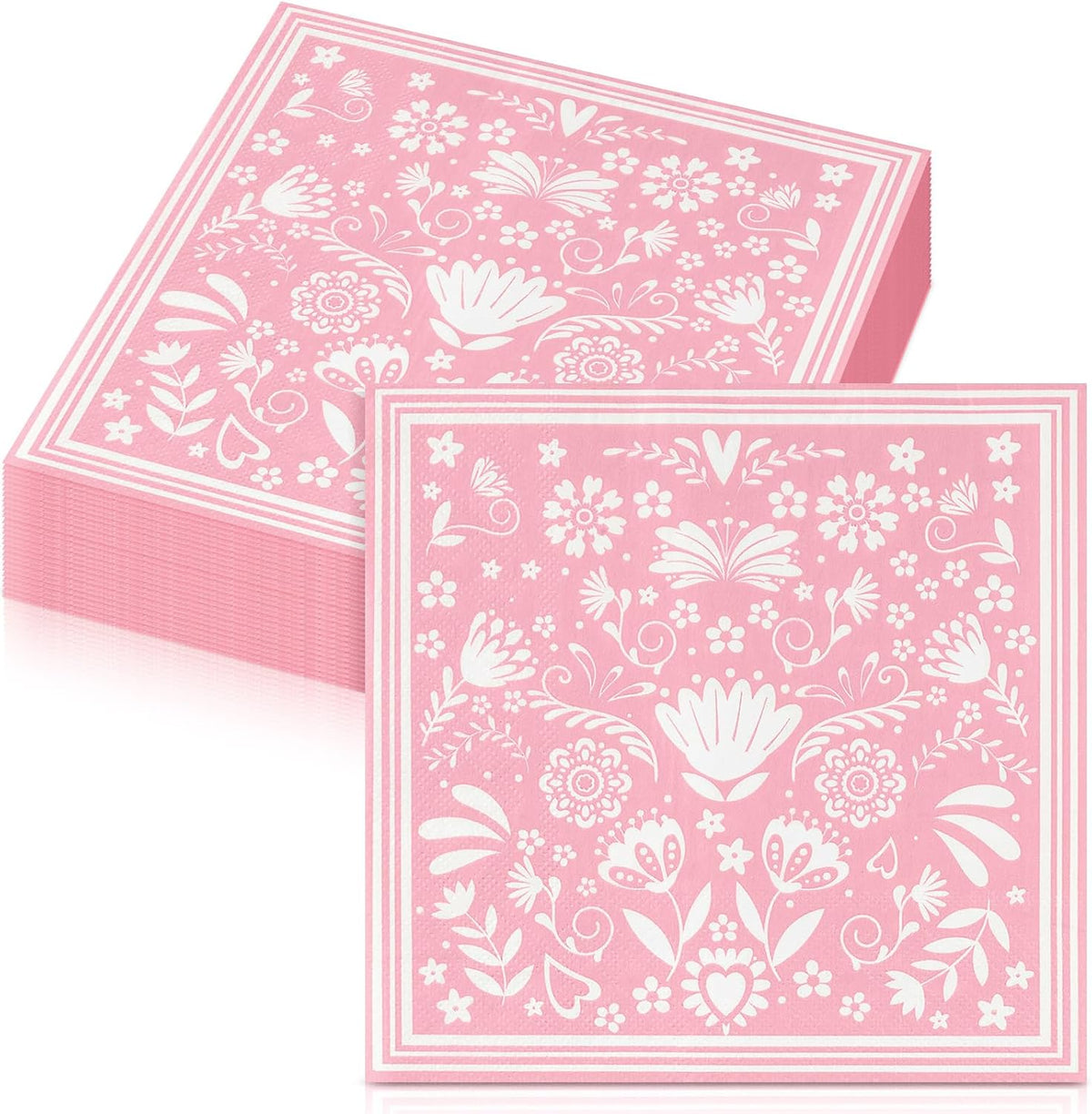 50 Pcs Mexican Fiesta Napkins, Disposable Colorful Mandala Flower Stripe Hand Towels, for Cinco De Mayo, Baby Shower Birthday Party Decorations Supplies (Pink and White)