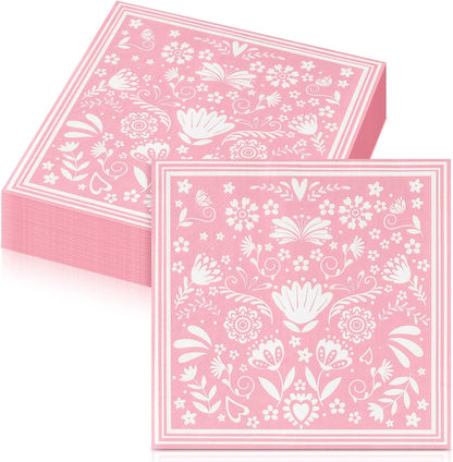 50 Pcs Mexican Fiesta Napkins, Disposable Colorful Mandala Flower Stripe Hand Towels, for Cinco De Mayo, Baby Shower Birthday Party Decorations Supplies (Pink and White)