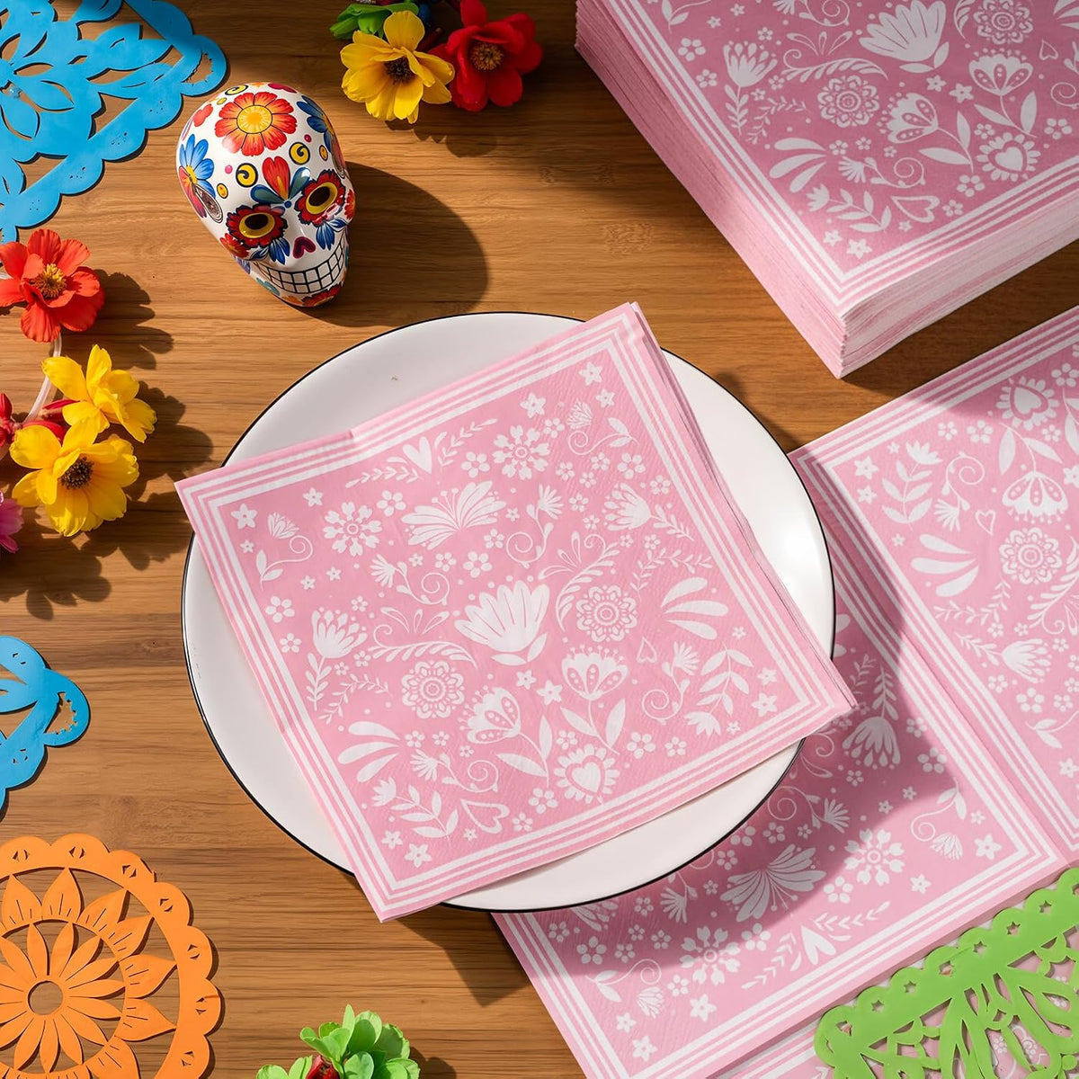 50 Pcs Mexican Fiesta Napkins, Disposable Colorful Mandala Flower Stripe Hand Towels, for Cinco De Mayo, Baby Shower Birthday Party Decorations Supplies (Pink and White)
