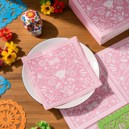 50 Pcs Mexican Fiesta Napkins, Disposable Colorful Mandala Flower Stripe Hand Towels, for Cinco De Mayo, Baby Shower Birthday Party Decorations Supplies (Pink and White)