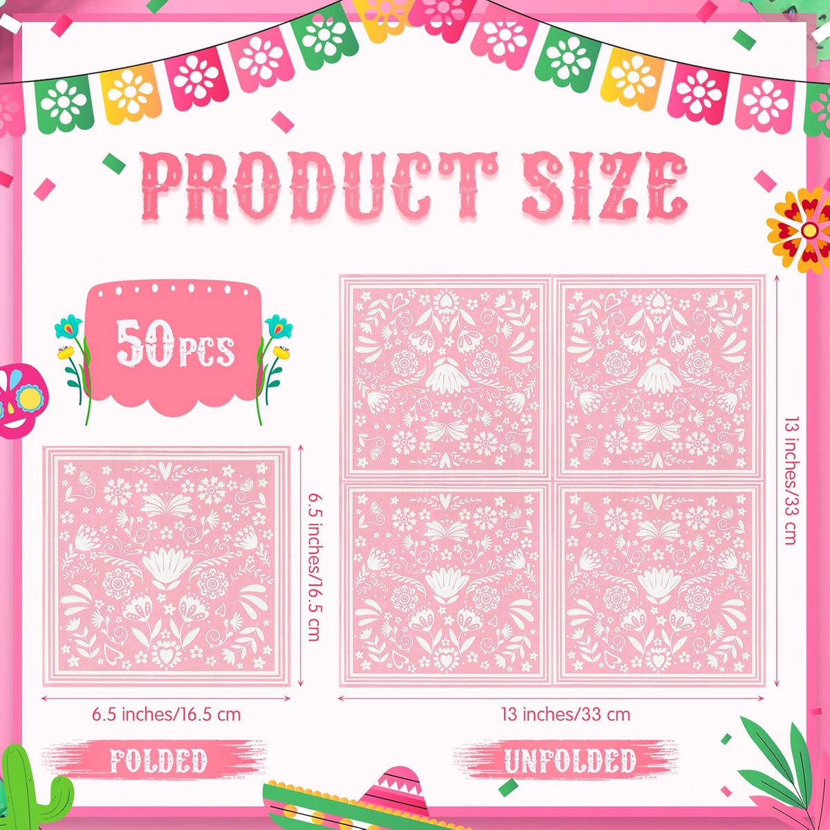 50 Pcs Mexican Fiesta Napkins, Disposable Colorful Mandala Flower Stripe Hand Towels, for Cinco De Mayo, Baby Shower Birthday Party Decorations Supplies (Pink and White)