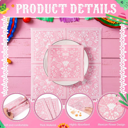 50 Pcs Mexican Fiesta Napkins, Disposable Colorful Mandala Flower Stripe Hand Towels, for Cinco De Mayo, Baby Shower Birthday Party Decorations Supplies (Pink and White)