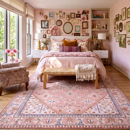 8x10 Boho Machine Washable Low Pile Area Rugs for Living Room Peach Pink