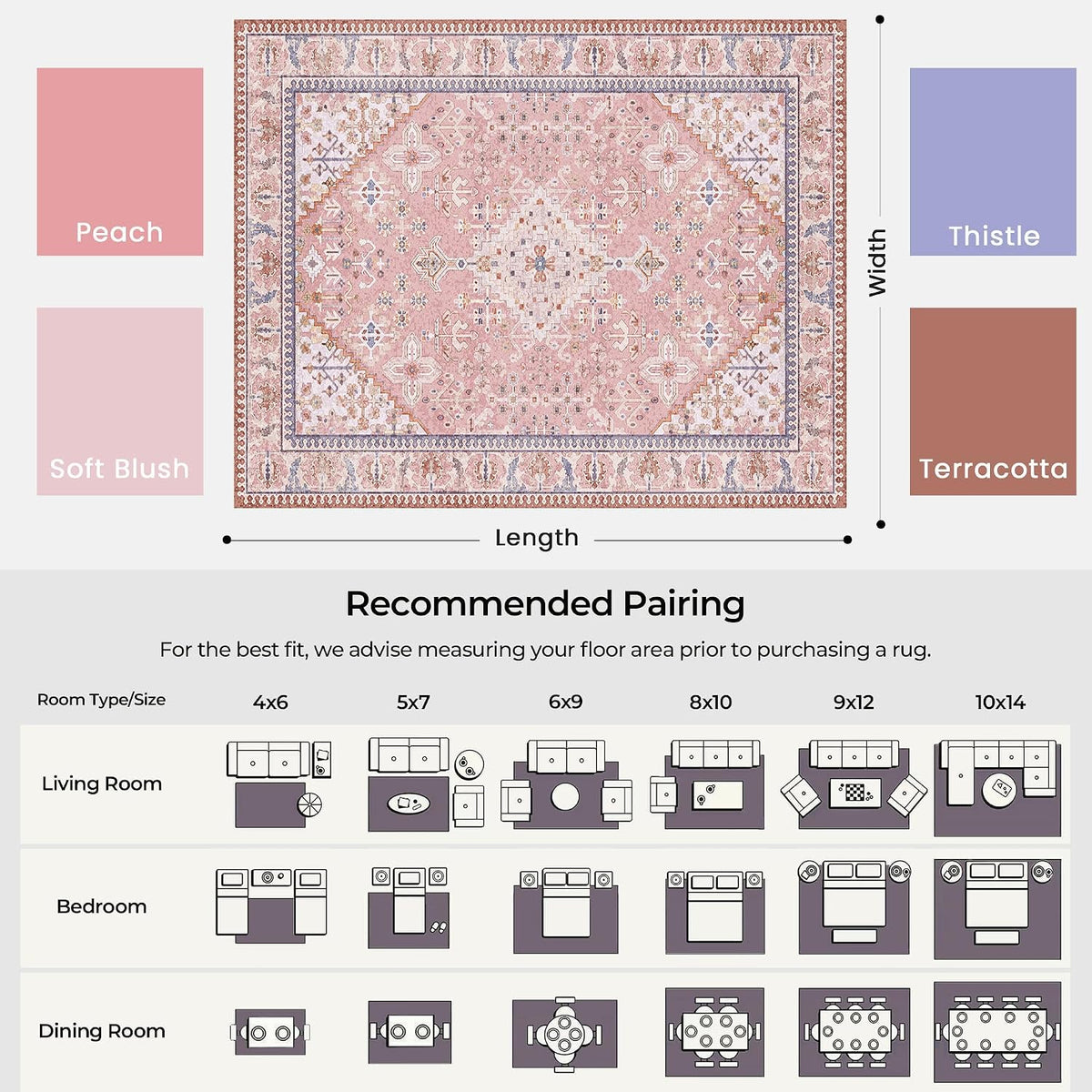 8x10 Boho Machine Washable Low Pile Area Rugs for Living Room Peach Pink