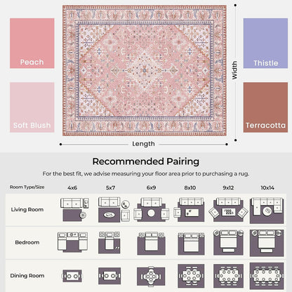 8x10 Boho Machine Washable Low Pile Area Rugs for Living Room Peach Pink
