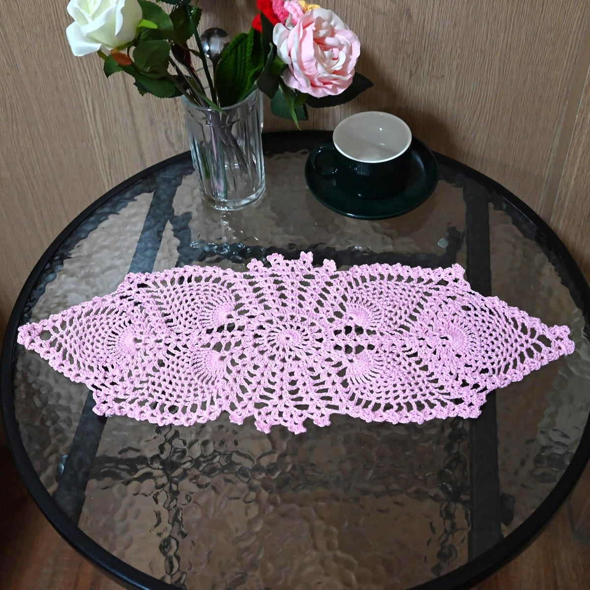 7 in x 21 in Crochet Lace Table Doilies Eyes Flower Doily Kitchen Vase Place Mats for Anniversary Mother's Day (Pack of 1PC, Style02-Pink)