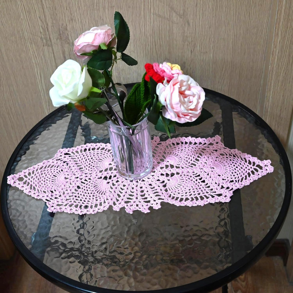 7 in x 21 in Crochet Lace Table Doilies Eyes Flower Doily Kitchen Vase Place Mats for Anniversary Mother's Day (Pack of 1PC, Style02-Pink)