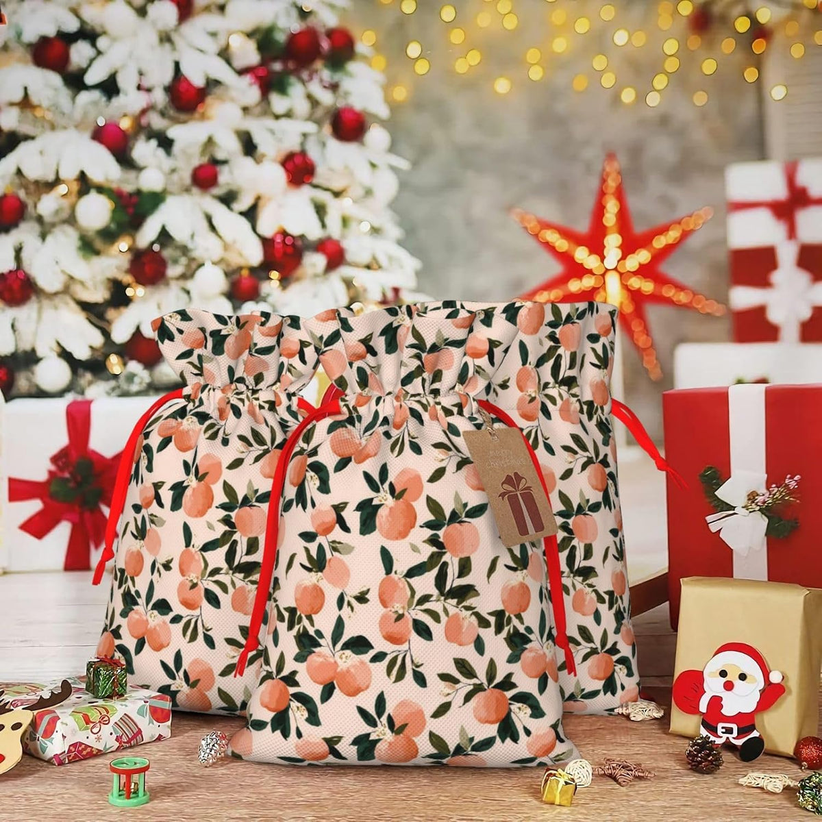 Fruits Peach (2) Print Christmas Drawstring Gift Bags, Reusable Candy Treat Bags For Holiday Birthday Party