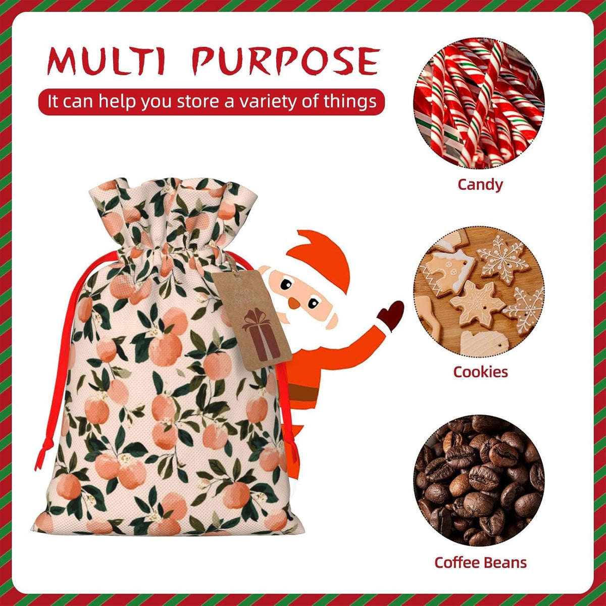 Fruits Peach (2) Print Christmas Drawstring Gift Bags, Reusable Candy Treat Bags For Holiday Birthday Party