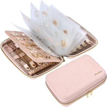 Large Travel Jewelry Organizer Case, Jewellery Home Storage Book Ring Binder with Clear Pockets for Presentation, Zippered Pouch Bag for Earrings Necklaces Bracelets -Pink