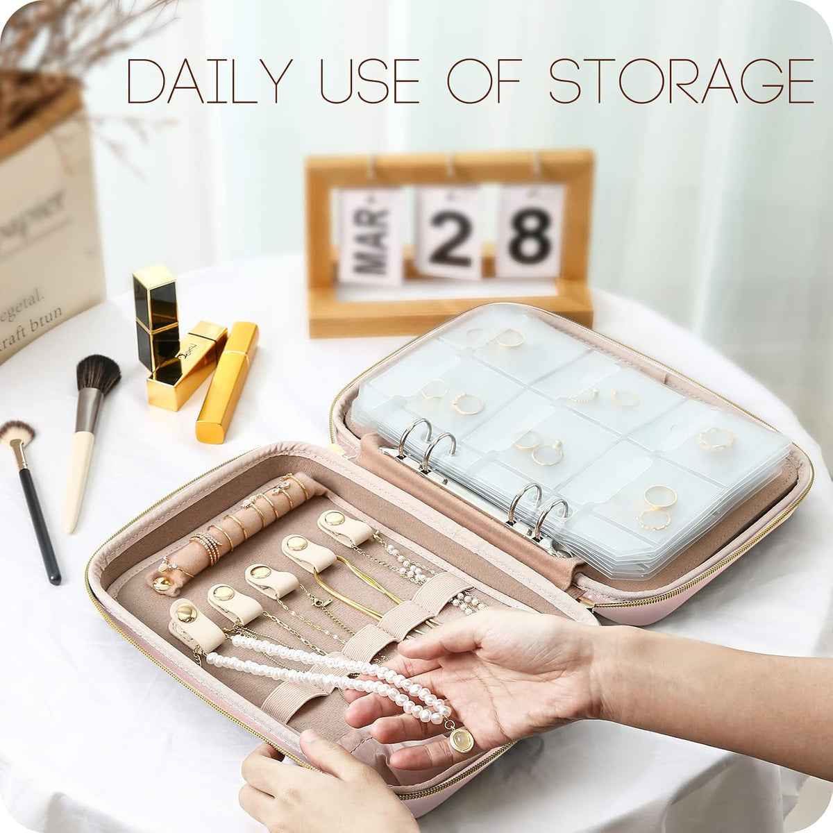 Large Travel Jewelry Organizer Case, Jewellery Home Storage Book Ring Binder with Clear Pockets for Presentation, Zippered Pouch Bag for Earrings Necklaces Bracelets -Pink