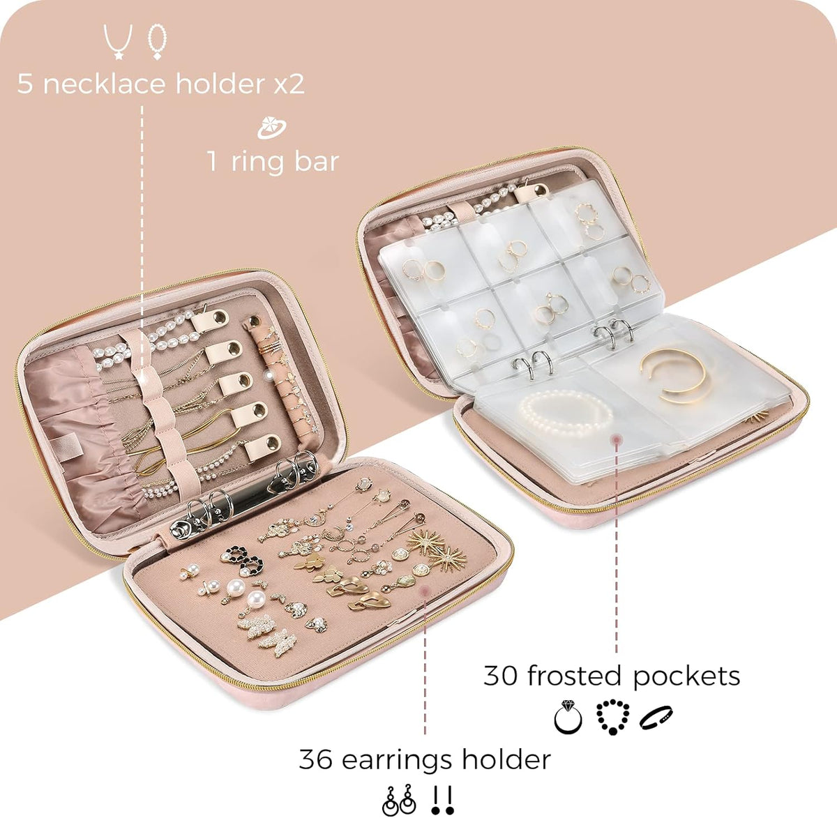 Large Travel Jewelry Organizer Case, Jewellery Home Storage Book Ring Binder with Clear Pockets for Presentation, Zippered Pouch Bag for Earrings Necklaces Bracelets -Pink