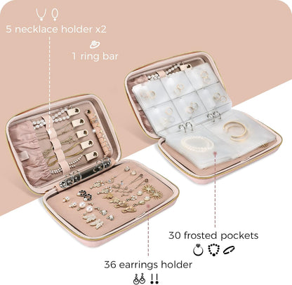 Large Travel Jewelry Organizer Case, Jewellery Home Storage Book Ring Binder with Clear Pockets for Presentation, Zippered Pouch Bag for Earrings Necklaces Bracelets -Pink