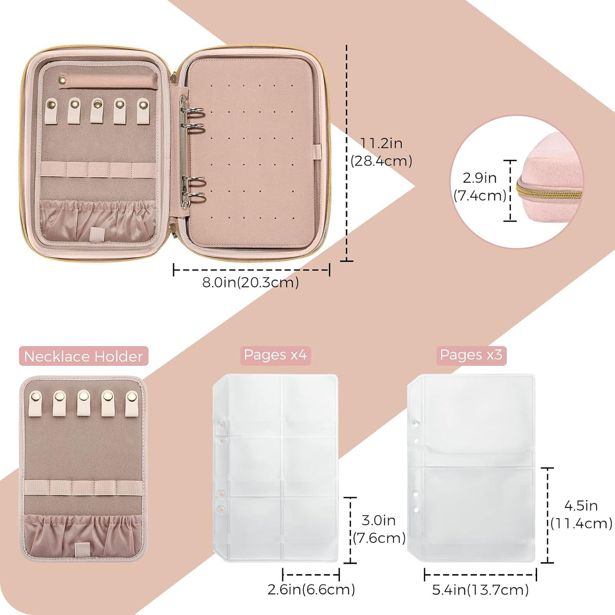 Large Travel Jewelry Organizer Case, Jewellery Home Storage Book Ring Binder with Clear Pockets for Presentation, Zippered Pouch Bag for Earrings Necklaces Bracelets -Pink