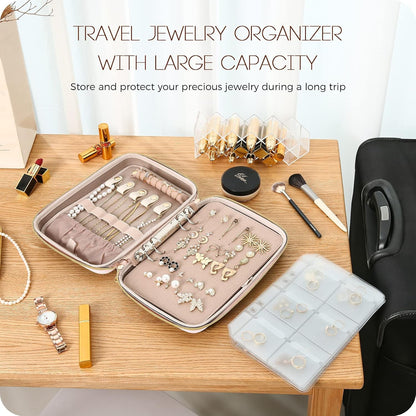 Large Travel Jewelry Organizer Case, Jewellery Home Storage Book Ring Binder with Clear Pockets for Presentation, Zippered Pouch Bag for Earrings Necklaces Bracelets -Pink
