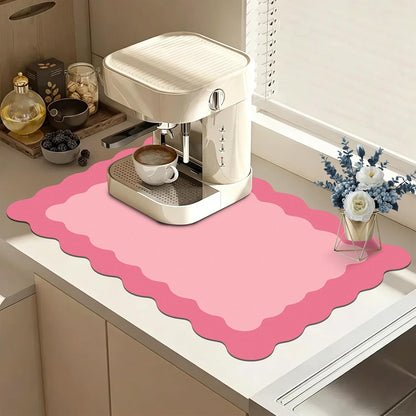 Rose Pink Scalloped Dish Drying Mat Coffee Mat for Countertop