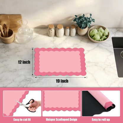 Rose Pink Scalloped Dish Drying Mat Coffee Mat for Countertop